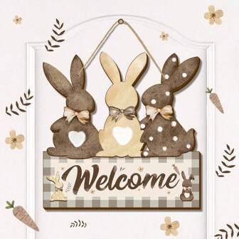 Easter Door Sign Colorful Wooden Rabbit Hanging Wreath Sign Rabbit Welcome Door Decoration Bow Door Wall Decoration Farmhouse Wall Indoor Outdoor Easter Spring Decoration