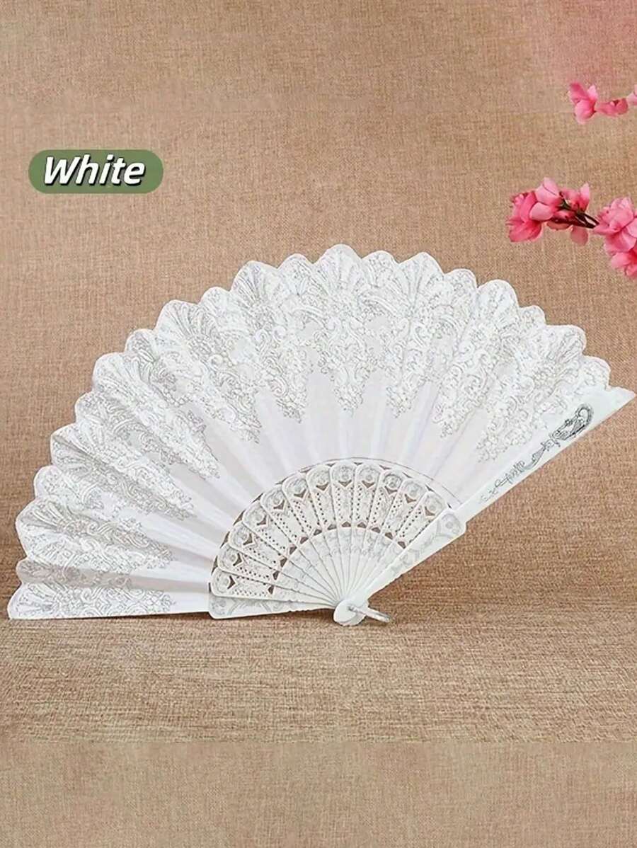 1pc Women White Handheld Fan With Embossed Floral Design, Fashionable Folding Fan For Dancing