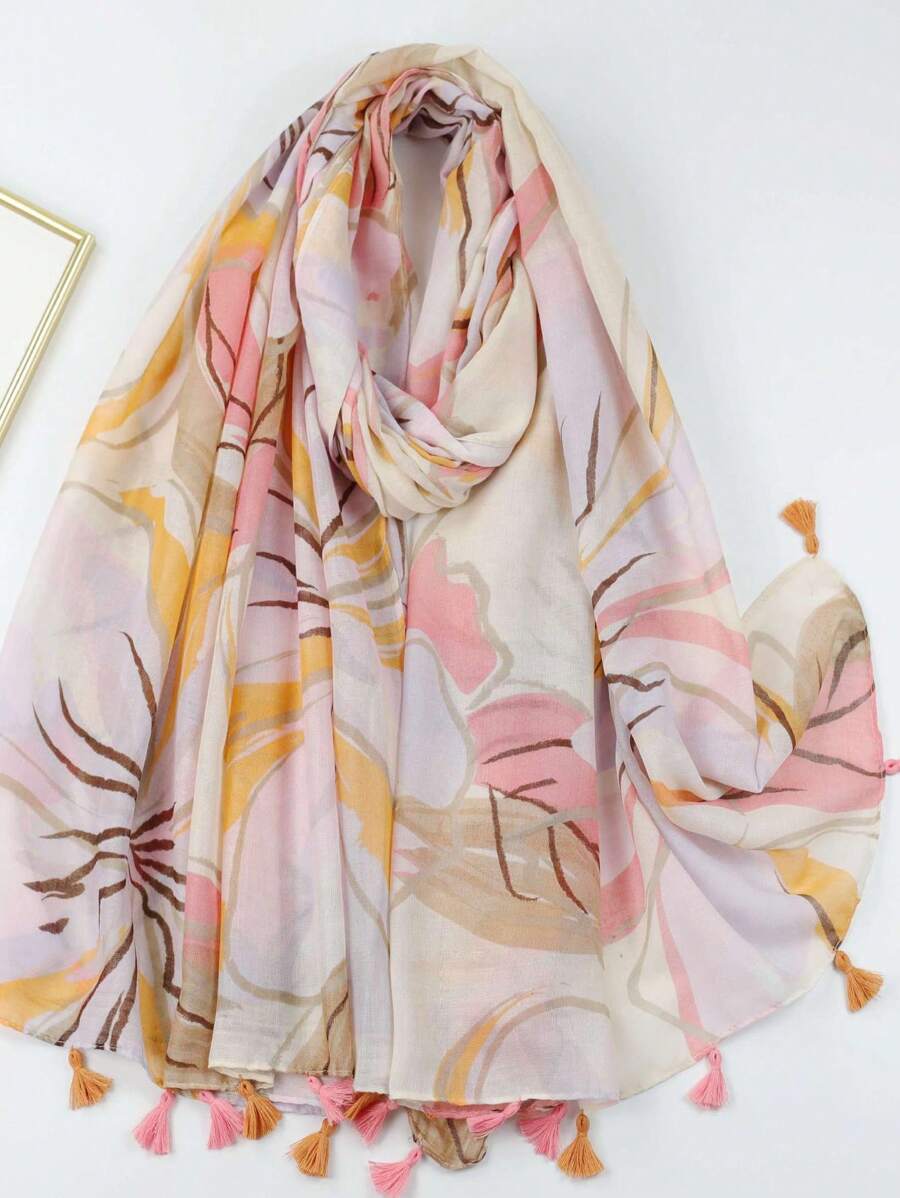 1pc Spring/Autumn Floral Printed Tassel Scarf/Beach Towel - Multicolor - View 1