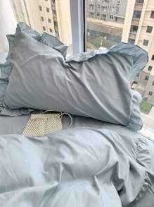 浅蓝色奶油色柔软荷叶边针织三件套床上用品（1 个羽绒被套 + 2 个枕套），适用于卧室和客房 - 淺藍色 - 查看 6