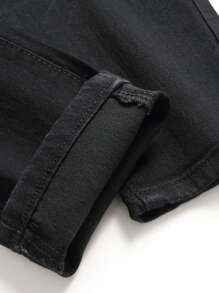 男士直筒破洞牛仔裤，弹力棉质牛仔布休闲破洞牛仔裤，Emo 风格 - 黑色 - 查看 4