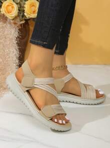 Women's Fashion Hook And Loop Sport Sandals, Lightweight & Comfortable Platform Strap Design, Waterproof Non-Slip Thick-Sole Beach Casual Sporty Outdoor Slippers, Summer - Beige - View 6