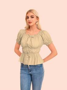 Blusa top lazo frontal lace up con manga corta abombada y bordado. - Beis - Ver 3
