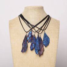 1pc Plated Natural Black Tourmaline Gemstone & Peacock Feather Design Pendant