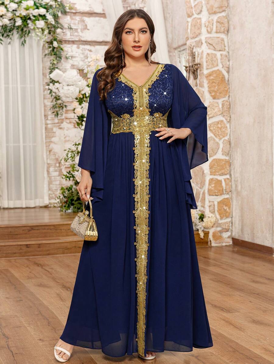 Đầm cỡ lớn cổ chữ V đính sequin, ren hoa, tay áo choàng phối màu tương phản, chất liệu chiffon, thích hợp cho dạ hội, tiệc cưới, ngày lễ tình nhân, tiệc trang trọng, phù hợp cho các dịp như sinh nhật, dạ hội, tiệc tùng mùa xuân. - Màu xanh hải quân - Xem 1