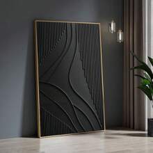 Arte de lienzo abstracto 2D con líneas negras sin marco y detalles texturizados - Decoración de pared minimalista y texturizada para dormitorio, sala de estar o pasillo - Multicolor - Ver 3