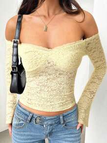 GAOVOT Women's Fall Top Y2K Sexy Slim One Line Shoulder Long Sleeve Lace Top