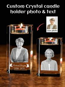 1pc Custom Laser Engraved Square Crystal Candle Holder, Personalized Upload Photo & Text Memorial Keepsake Tealight Holder, Funeral Condolence Gift For Family Grandparent, Desktop Home Decor. - Multicolor - View 1