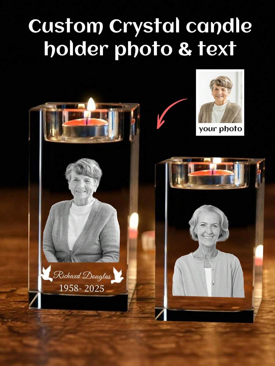 1pc Custom Laser Engraved Square Crystal Candle Holder, Personalized Upload Photo & Text Memorial Keepsake Tealight Holder, Funeral Condolence Gift For Family Grandparent, Desktop Home Decor. - Multicolor - View 1