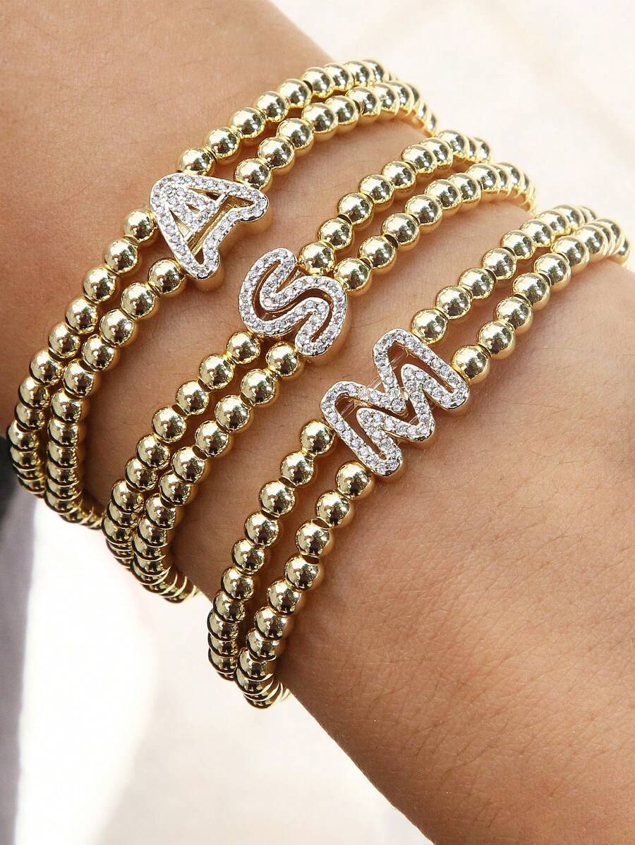 经典时尚锆石字母吊坠可调节链条手链，奢华A-Z字母手链，女士珠宝礼品 - 金色 - 查看 1