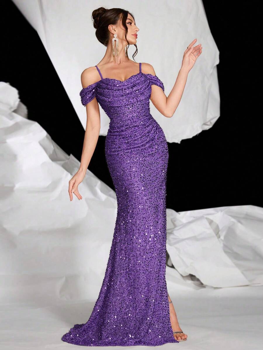 亮片露肩细肩带紧身美人鱼下摆连衣裙，带侧开衩和胸垫，适合派对、正式晚宴、晚礼服、婚礼宾客 - 紫色 - 查看 1