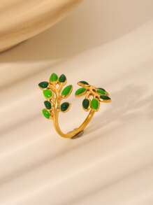 1 件 18K 镀金不锈钢珐琅叶开口戒指，适合女性日常和节日佩戴 - 葉子 - 查看 9