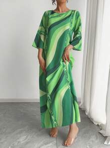 Traditional Arabian Attire, Elegant Middle Eastern Style Dress, Comfortable Loose Breathable Round Neck 3/4 Sleeve Luxurious Party Vacation Wear Summer Autumn - Green - View 4