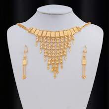 3 件玫瑰花几何图案吊坠、颈链、锁骨链耳环套装，优雅奢华，适合婚礼新娘、母亲节、情人节礼物 - 金色 - 查看 5