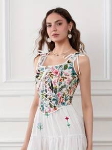 Women Corset Camisole, Vintage Sleeveless Flower Lacing Slim Fit Tops For Party Club