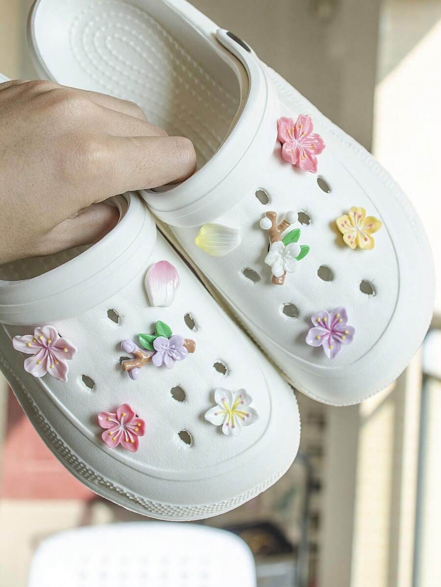 10pcs/Set Asymmetric Peach Blossom Branch Flower Shoe Charms, Cute & Youthful Style, Outdoor Shoe Boots Decoration Accessory, Detachable Button Decor, Fun DIY Shoe Charm, Suitable For Girls, Women, Sandals - Multicolor - View 1