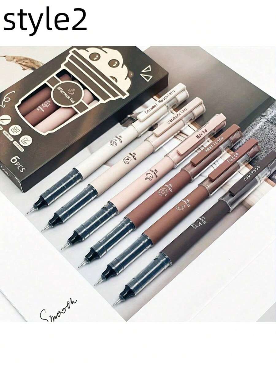 6pcs Coffee Theme Liquid Quick-Drying Ink Gel Pens, No Smudge Soft Touch Pens For Note Taking Drawing School & Office Supplies