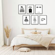 6pc Unframed Fashion Wall Art Prints Silver Grey Room Decor Glitter Black Dress Wall Decor Art Posters Books  Perfume Bottle Bite Lips Eye Shadow MakeupGirls Room Pictures For Bedroom - Mixed Black - View 4