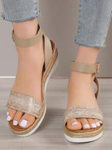 Summer New Fashion Snake Skin Pattern Platform Buckle Sandals, Thick Sole Straw Rope Thick Bottom Beach Slides - Khaki - View 1