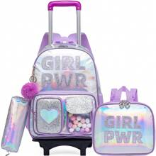 3PCS Rolling Backpack Set For Girls School Backpack With Lunch Box For Elementary Student Wheels Roller Trolley Luggage Detachable Pull Rod Backpack