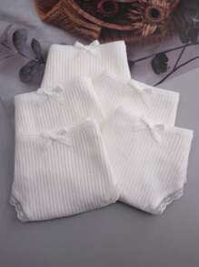 5pcs Women Ribbed Lace Trim Bowknot Sexy G-String Panties - White - View 6