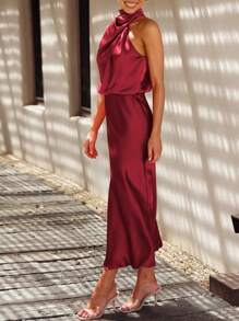 Women's Summer Satin Dress Elegant Sleeveless Fake Neckline Cocktail Gown - Rượu vang đỏ sẫm - Xem 3