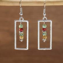 女士方形合成珠吊坠耳环，创意设计，适合派对、日常佩戴、时尚珠宝 - 銀色 - 查看 7