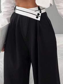 ELVA Women's Summer Casual Asymmetric Waist Contrast Color Wide Leg Pants, - Black and White - View 4