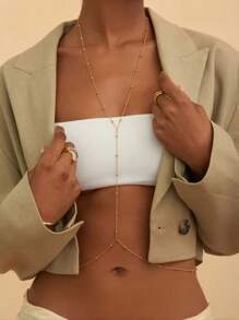 18K Gold Plated Stainless Steel Round Ball Design Body Chain Necklace For Women, Minimalist Style For Beach Wear'