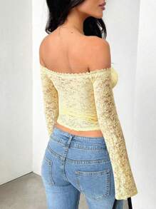 GAOVOT Women's Fall Top Y2K Sexy Slim One Line Shoulder Long Sleeve Lace Top