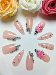 10 Pieces Of Pure Handmade Wearable Nail, Pink And White Color Matching, Leopard Print Drawing, Thread Bulge, Small Silver Balls To Form Chain Decoration, Handmade Raised Small Flower Decoration. It Is Suitable For Daily Leisure Vacations, And When Attending Banquets, Parties, Dances, Banquets And Other Activities.