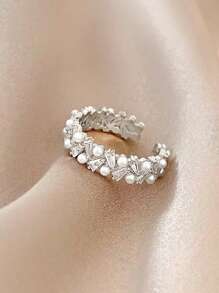 1 Stück minimalistischer, modischer offener Ring mit Zirkonia-Kunstperlen, geeignet für den Alltag und Festivals - Silber - Übersicht 4