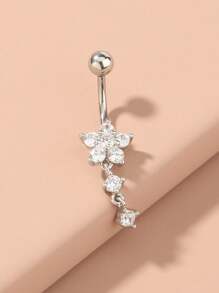 1pc Stainless Steel Natural Shell Teardrop Navel Piercing, Plum Blossom Belly Button Ring - Silver - View 4