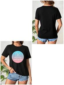 Customized Women Short Sleeve T-Shirt, Personalized Graphics Printing, Upload Your Photo/Logo/Poster/Family Photo/Company Team Photo, Women T-Shirt For Spring/Summer, Valentine's Day Gift, Anniversary Gift, Music Festival, Wedding/Party, Custom Culture Shirt, Festival Gift, Team Uniform Custom, Summer Top, Charity Team Uniform Custom - Black - View 3