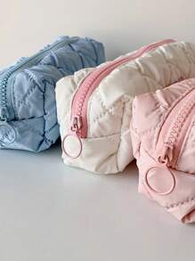 1pc Cute And Fashionable Candy Color Large Zipper Pencil Case, Soft Girl Style Student Stationery Storage Bag, Cream Down Fabric Storage Pouch - Multicolor - View 11