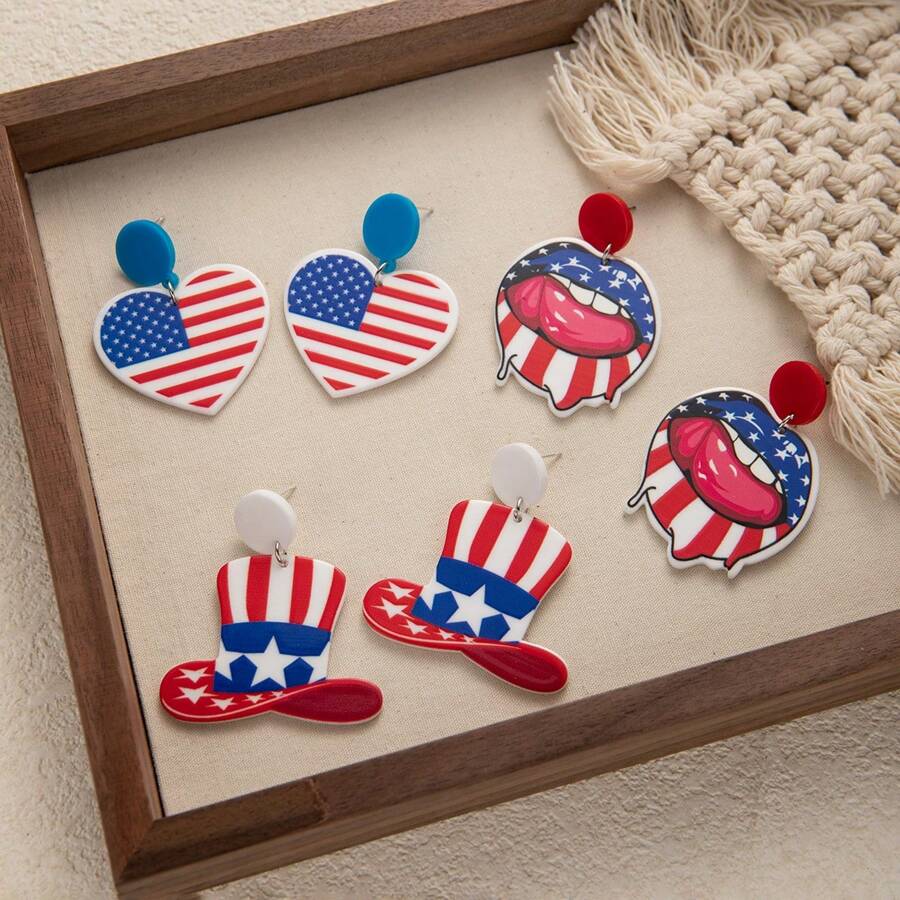 1 对亚克力耳环，带有心形、彩虹、恐龙、嘴唇图案，欧洲和美国独立日新款耳坠 - 彩色 - 查看 1