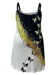 Plus Size Fashion Butterfly Print Casual Vacation Strap Dress - Black and White - View 3