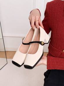 Xin Jing Shoes New Fashion Women's Chunky Heel Pumps With Color Block Design, Elegant, Mary Jane - Beige - View 6