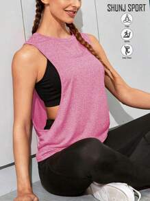 女士无袖速干背心，宽松运动上衣，适合跑步、瑜伽、健身，粉色露背运动上衣，吸湿排汗夏季瑜伽运动服 - 玫紅色 - 查看 1
