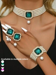 4pcs Set Luxury Exaggerated Pearl, Rhinestone, Crystal Necklace, Earrings, Bracelet Jewelry Set, Suitable For Women Wedding, Party, Holiday Gift