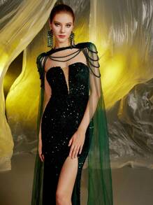 Green V-Neck Split Long Sleeve Beaded Sequin Gown For Evening Party, Formal, For Wedding Guest - Green - View 7