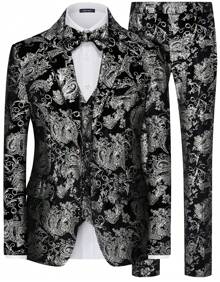MAGE MALE Mens Suits Dress Floral Tuxedo Slim Fit 3 Piece Suit 2 Button Prom Party Blazer Vest Pants Set With Bow Tie - Bạc - Xem 1