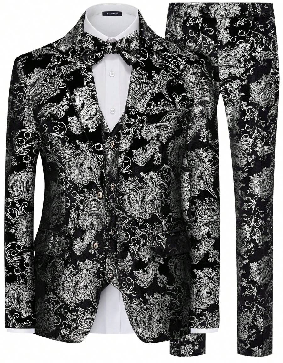 MAGE MALE Mens Suits Dress Floral Tuxedo Slim Fit 3 Piece Suit 2 Button Prom Party Blazer Vest Pants Set With Bow Tie - Bạc - Xem 1