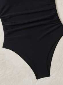 New Women One-Piece Swimsuit, Conservative & Minimalist Style, Black Nylon Fabric, Tummy-Slimming, Asymmetric Shoulder Strap, Backless Design, Suitable For Holiday, Party, Swimming