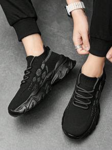 Men's Comfortable Shock-Absorbing Athletic Sneakers, Personalized Knitted Striped Casual Versatile Shoes, Outdoor Fashion Minimalist Lightweight Slip-On Couple Shoes - Black - View 11