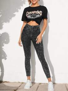 Jeans Deslavados Mezclilla para Mujer, pantalones pitillo mujer, vaqueros negros básicos cómodos,Mezclilla Deslavada para un Estilo Único - Negro - Ver 5