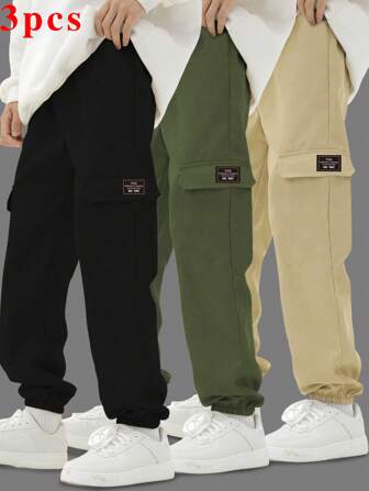 3 delar/set Tween Boy Casual Sports Byxor med dragsko med falska fickor, mångsidig för vår, sommar, höst och vinter