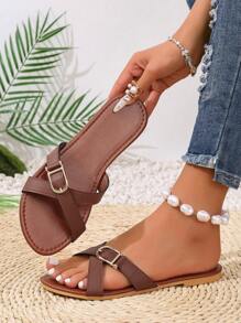 Damen Lässig Cross-Band Flache Slide Sandalen, Metall-Schnallen-Dekor, offene Zehenpartie, modisch und bequem für den täglichen Gebrauch, Strand & Urlaub, Sommer Essentiell, leicht, Material Kunstleder, Freizeitschuhe, Urlaubsreiseschuhe, Festival-Feiertagsschuhe, Neuankömmling für den Sommer, Beliebte Modepantoletten, Kreuz-Riemen-Element, empfohlene Flache Slide Sandalen