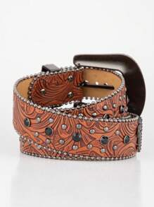 Cinturón unisex de piel de imitación de estilo punk, con hebilla con diamantes incrustados, inspiración en el estilo cowboy occidental, decorado con brillantes, apto para todas las estaciones