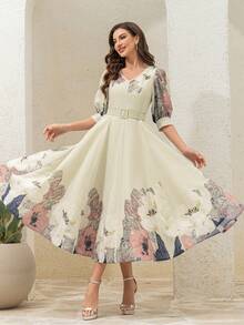 Women's Random Print V-Neck Elegant Long Dress - Apricot - View 4